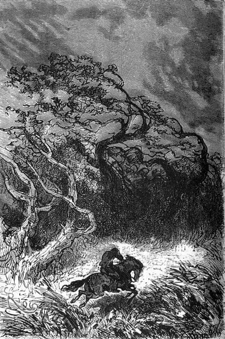 Riders struggling through violent wind in an original Children of Captain Grant engraving