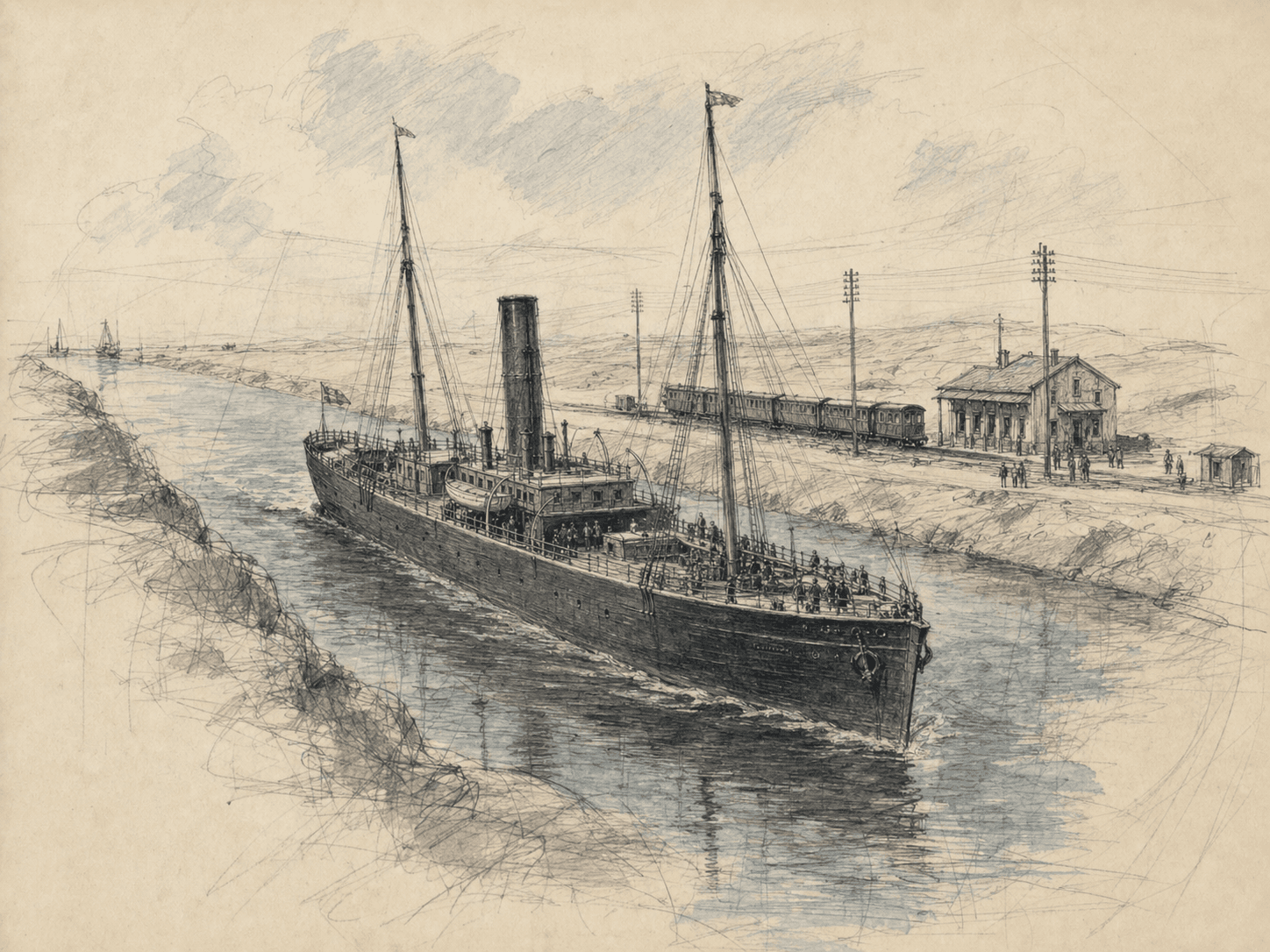 A detailed historical sketch of the iron mail steamer Mongolia traveling through the Suez Canal in 1872