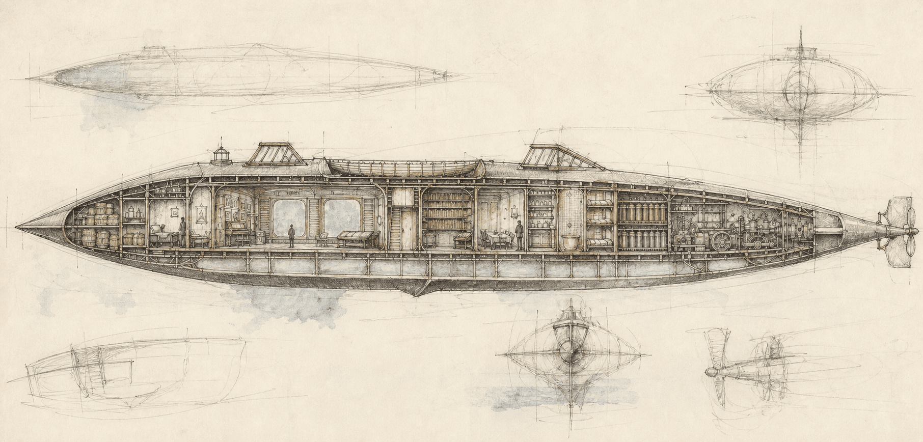 Interpretive longitudinal cutaway of the Nautilus showing its ram, cabins, observation salon, library, ballast tanks, electrical machinery and single stern screw