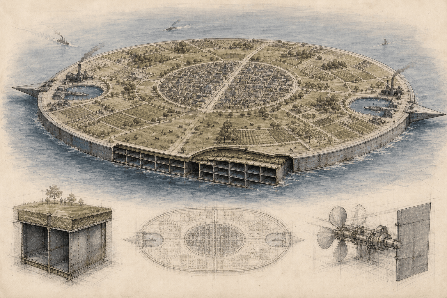 A loose architectural sketch of Standard Island showing Milliard City, cultivated land, opposite ports, steel caissons and propulsion machinery