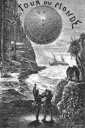 Illustrated title plate for Around the World in Eighty Days