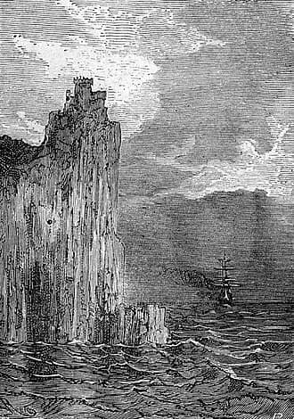 A high coastal cliff in an engraving from The Children of Captain Grant