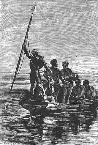 The Nautilus expedition crossing the sea on a small platform