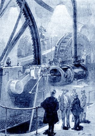 Visitors standing beside Standard Island's vast propulsion machinery