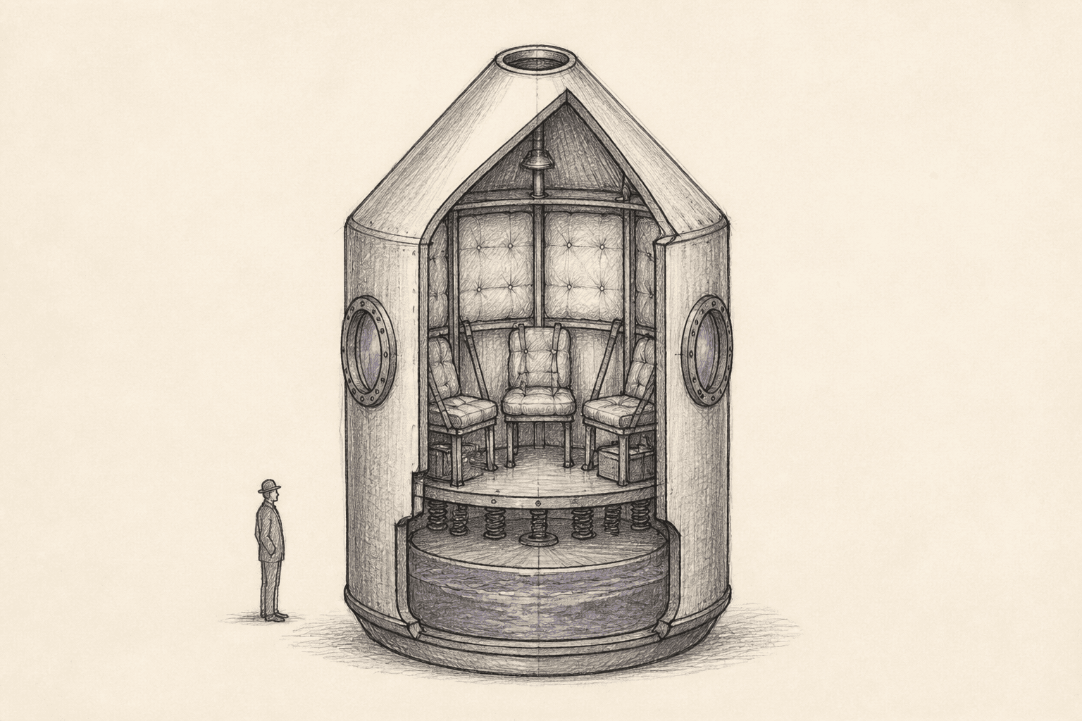 Simple cutaway sketch of Verne’s cylindro-conical aluminum passenger projectile